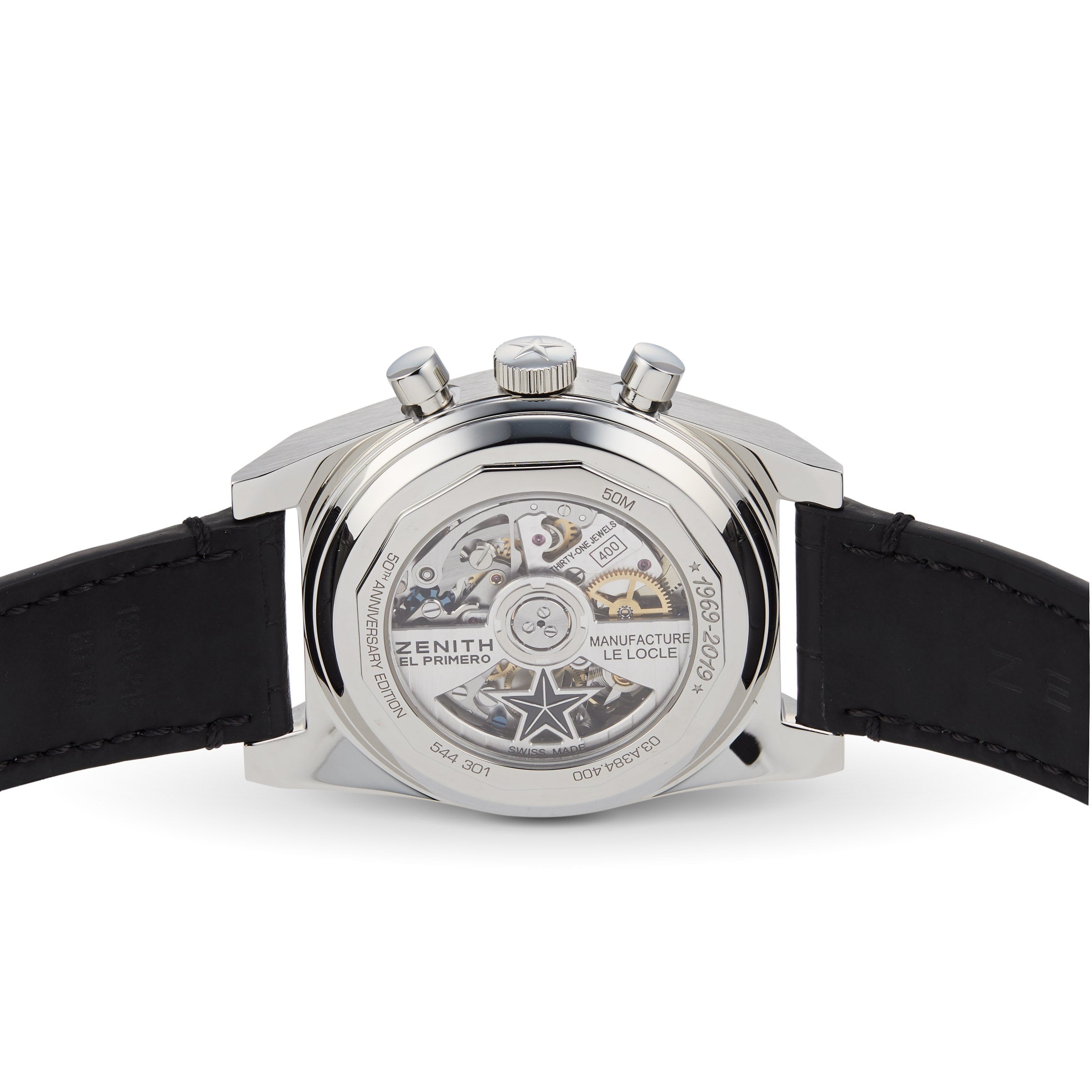 Back view of the Zenith Chronomaster Revival El Primero A384, highlighting its exposed movement, black leather strap, and engraved details on the stainless steel case.