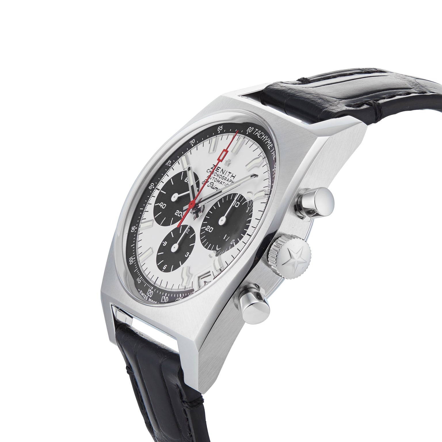 The Zenith Chronomaster Revival El Primero A384 is a stainless steel chronograph wristwatch with a white dial, three black subdials, two right-side pushers, and a black leather strap.