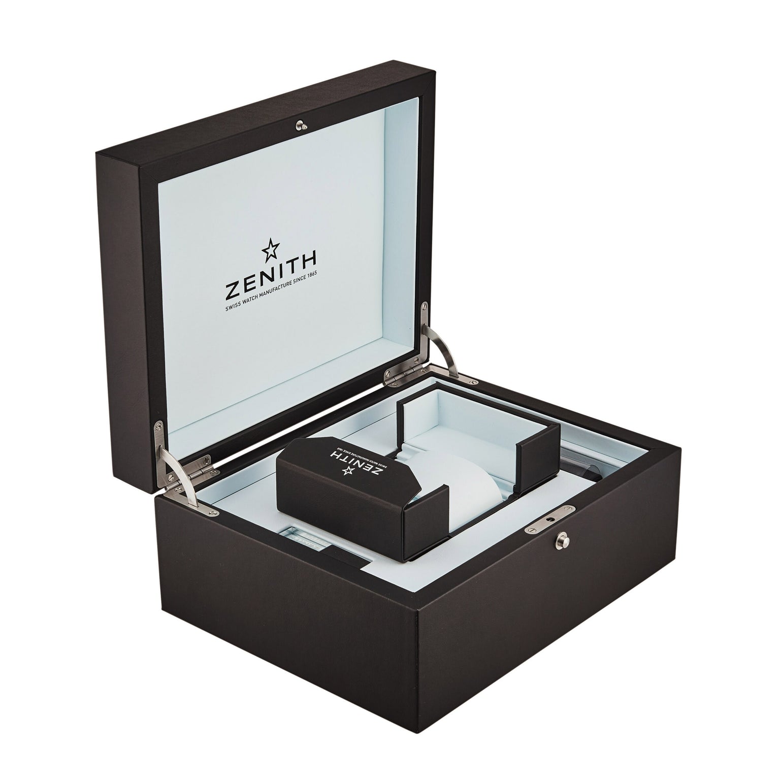 A black Zenith box with a hinged lid is open, showing compartments and branded interior—ideal for storing your Zenith Chronomaster Revival El Primero A384 watch.