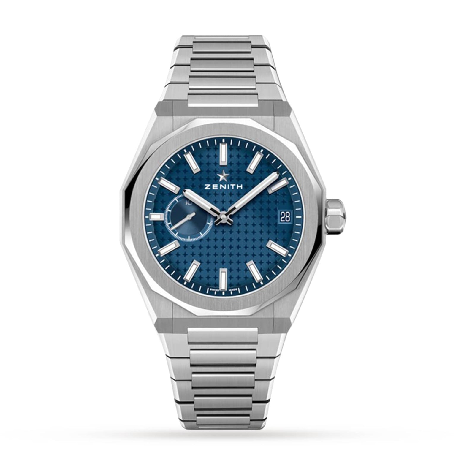 The Zenith Defy Skyline is a stainless steel wristwatch featuring an octagonal case, blue textured dial, silver hour markers, date display, metal link bracelet, and is powered by the El Primero 3620 movement.