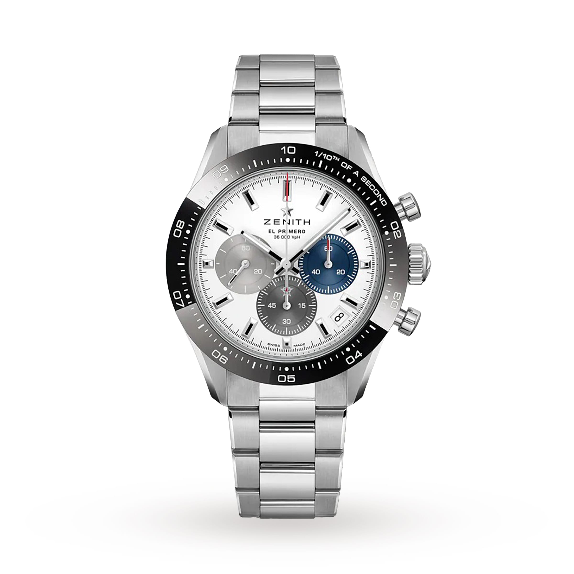 A Zenith Chronomaster Sport wristwatch in stainless steel with El Primero 3600 automatic chronograph, white dial, three subdials, black bezel, and metal bracelet, showcased against a plain white background.