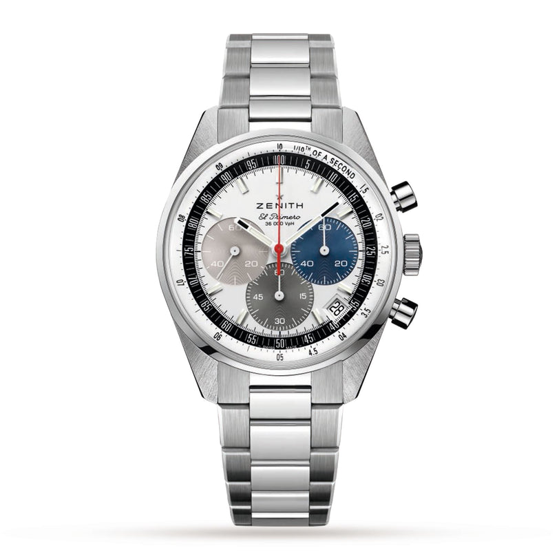 A Zenith Chronomaster EP Original wristwatch featuring a stainless steel case, silver dial with grey, silver, and blue subdials, and a matching metal bracelet.