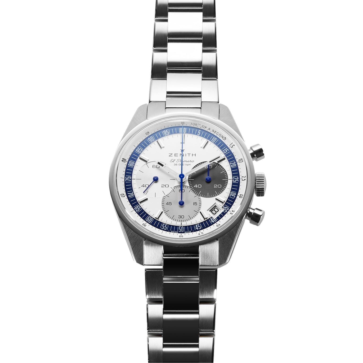 The Zenith Limited Edition WOSG Exclusive Chronomaster EP Original features a stainless steel case, silver band, white dial with blue and black subdials, two right-side push buttons, and an El Primero 3600 automatic chronograph movement.