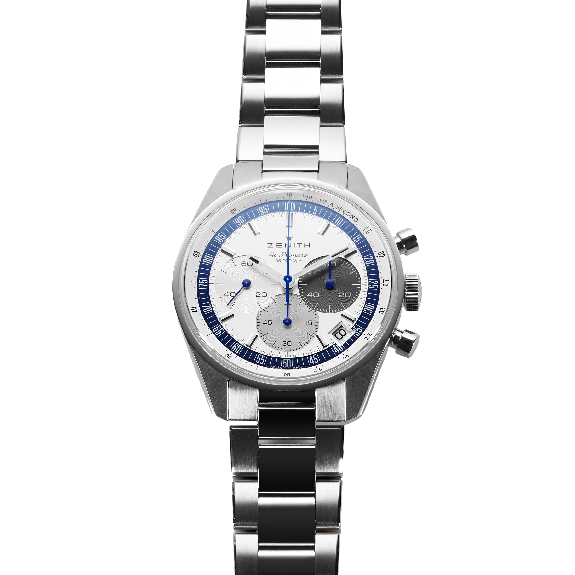 The Zenith Limited Edition WOSG Exclusive Chronomaster EP Original features a stainless steel case, silver band, white dial with blue and black subdials, two right-side push buttons, and an El Primero 3600 automatic chronograph movement.