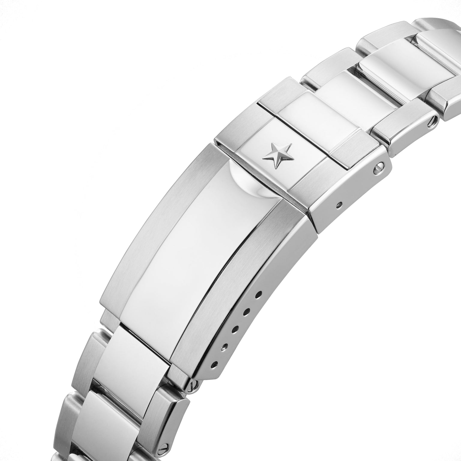 Close-up of the limited edition Zenith WOSG Exclusive Chronomaster EP Original’s stainless steel bracelet, featuring a star emblem on the clasp and highlighting its elegant automatic chronograph design against a white background.