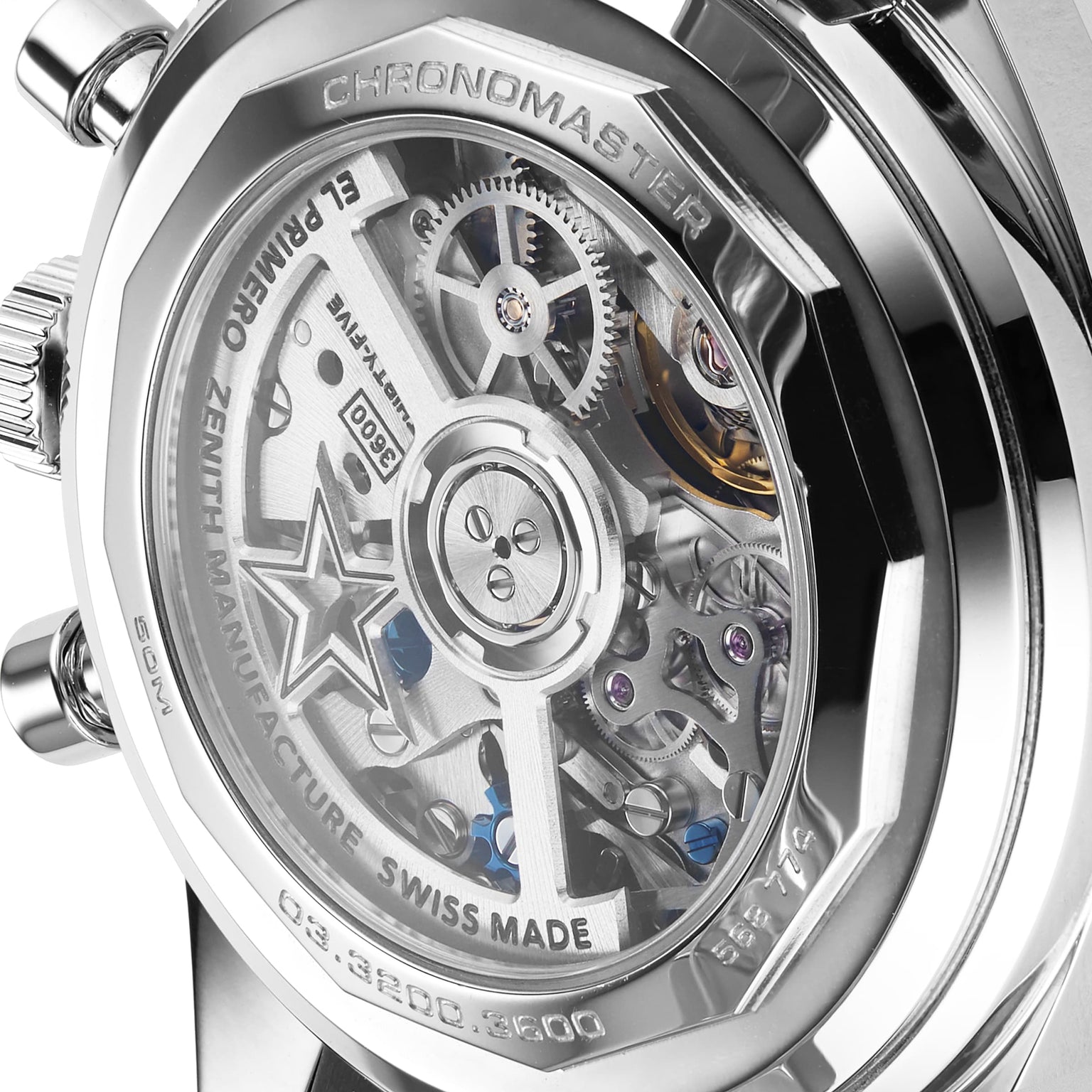 Close-up of the transparent case back on the Zenith Limited Edition WOSG Exclusive Chronomaster EP Original, showcasing the intricate El Primero 3600 automatic chronograph movement and fine engravings.