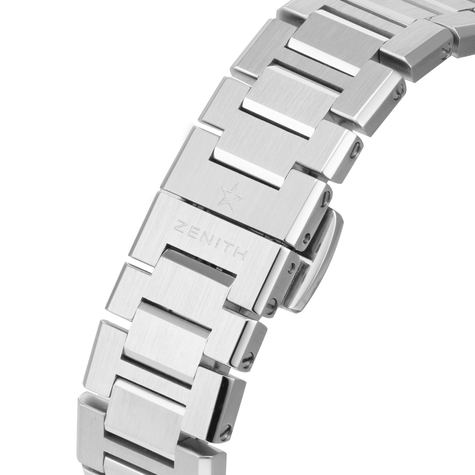 Close-up of the brushed stainless steel bracelet on the Zenith Defy Skyline 36, showcasing urban sophistication with the brand’s four-pointed star and Zenith name engraved on a link.