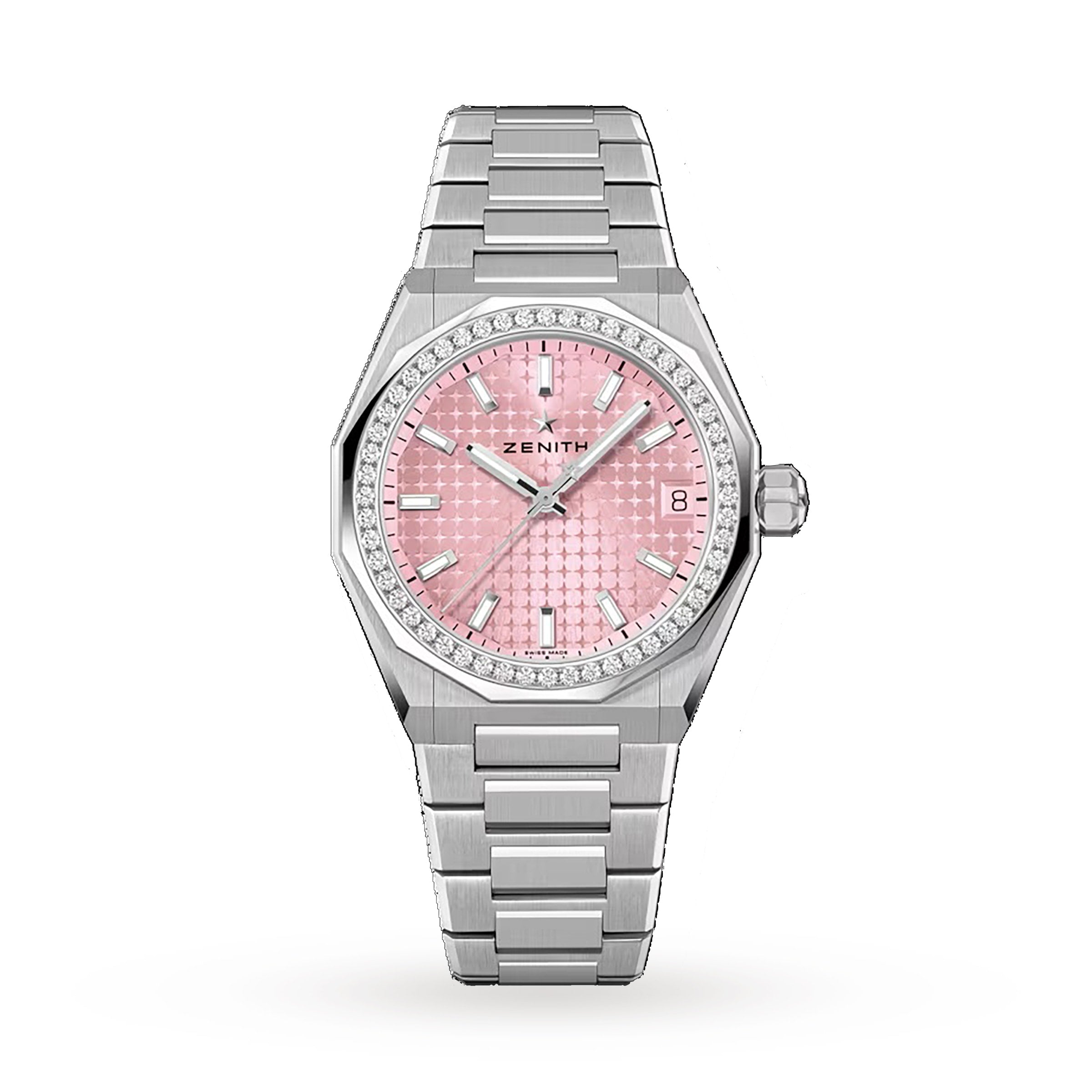 The Zenith Defy Skyline 36 is a silver wristwatch with a pink textured dial, diamond-set bezel, baton hour markers, Elite 670 movement, date at 3 o’clock, and a metal link bracelet, displayed on a white background.
