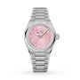 The Zenith Defy Skyline 36 is a silver wristwatch with a pink textured dial, diamond-set bezel, baton hour markers, Elite 670 movement, date at 3 o’clock, and a metal link bracelet, displayed on a white background.
