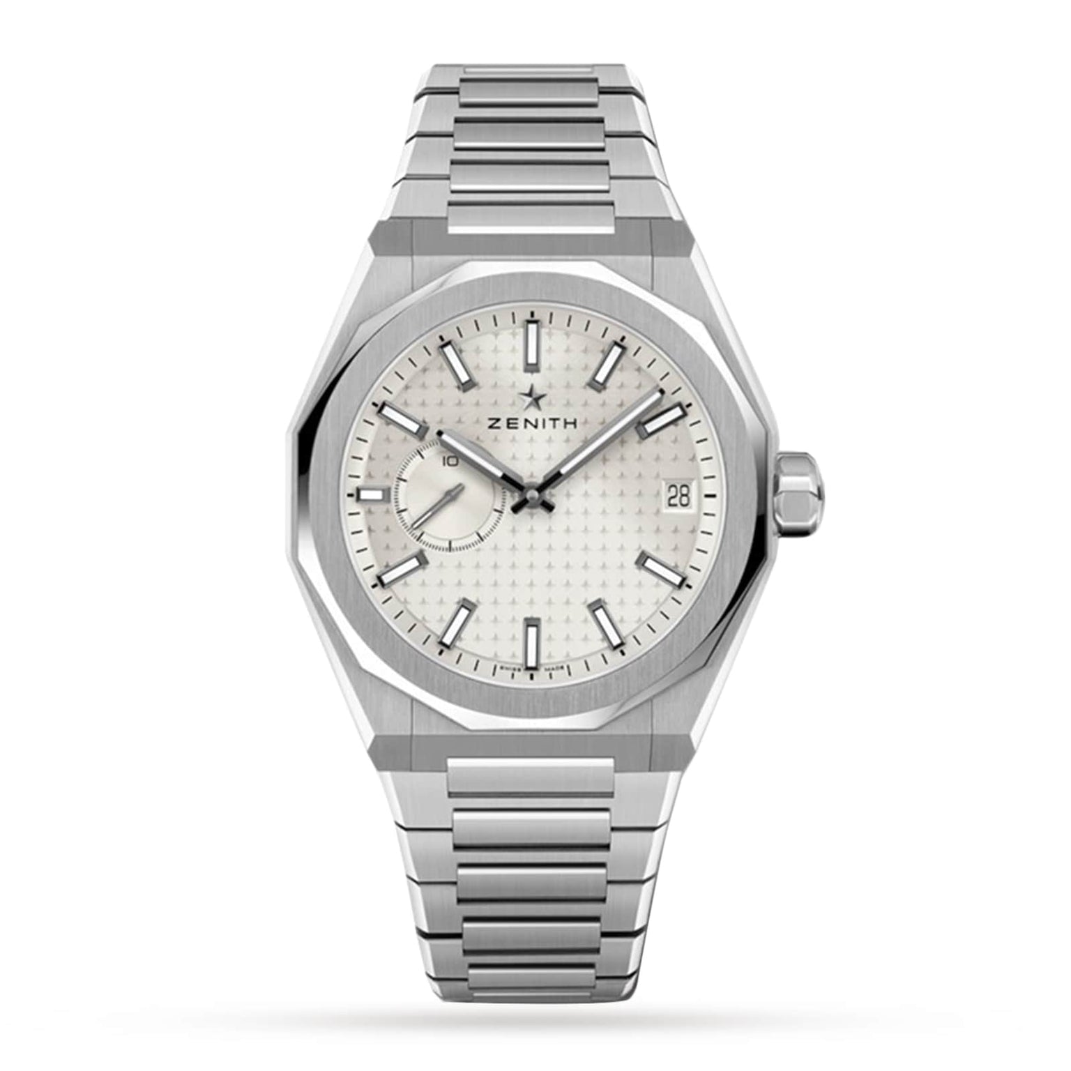 The Zenith Defy Skyline is a silver wristwatch featuring a metal band, octagonal bezel, white textured dial with silver markers and hands, modern accents, a date window at 3 o’clock, and the El Primero 3620 movement.