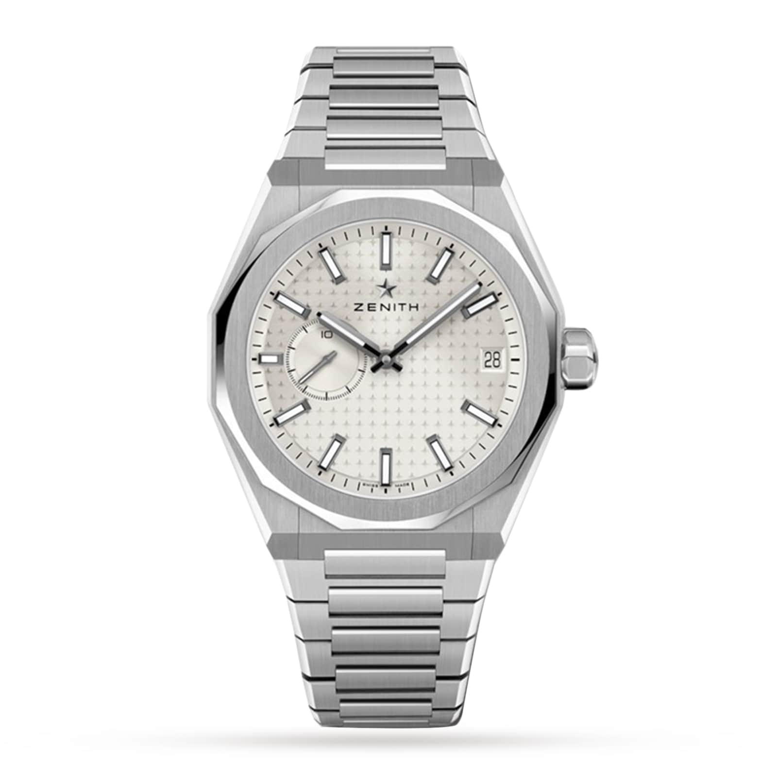 The Zenith Defy Skyline is a silver wristwatch featuring a metal band, octagonal bezel, white textured dial with silver markers and hands, modern accents, a date window at 3 o’clock, and the El Primero 3620 movement.