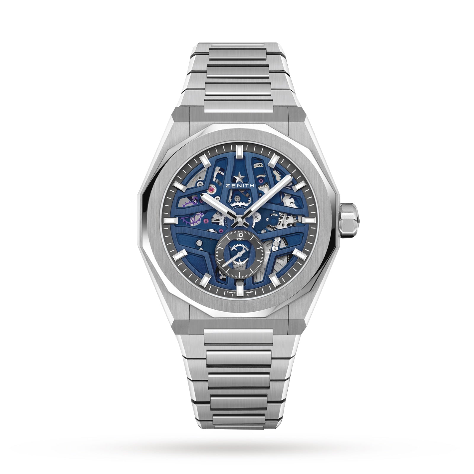 The Zenith Defy Skyline Skeleton wristwatch features a blue skeleton dial, silver indices, exposed movement, and a metal bracelet, capturing urban sophistication in stainless steel—shown against a white background.