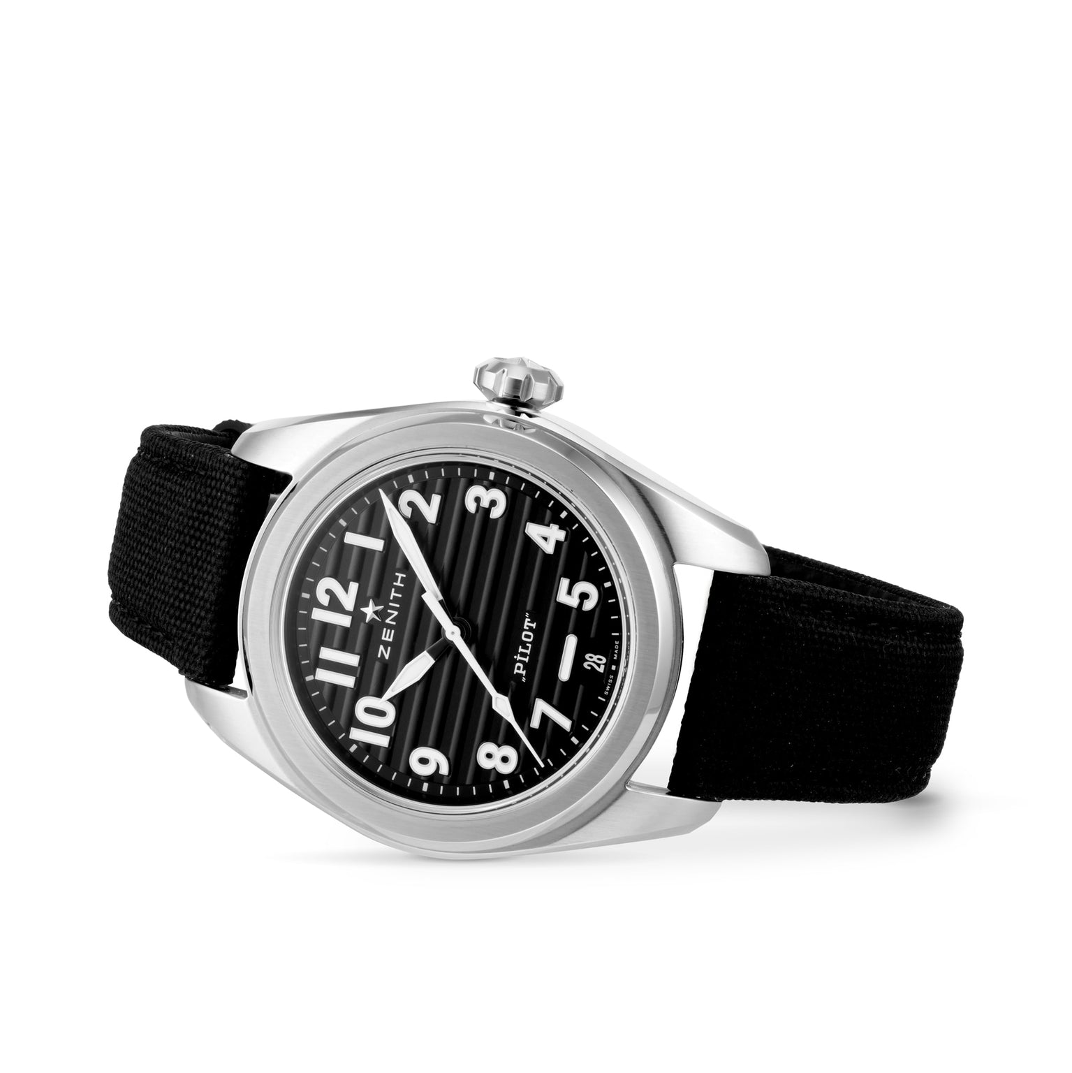 A Zenith Pilot Automatic wristwatch with a black dial, white numerals, black strap, and date window at 6 oclock is shown on a white background.