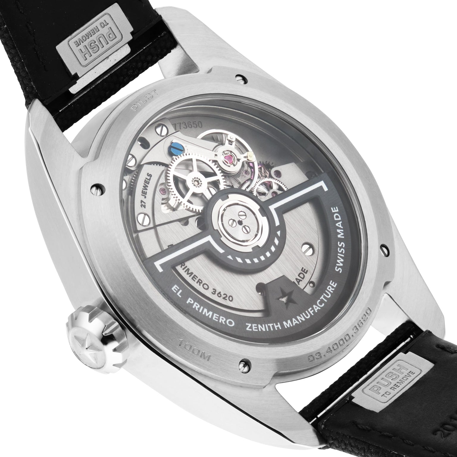 Close-up of the Zenith Pilot Automatic wristwatch’s back, revealing its mechanical movement through a transparent case back.