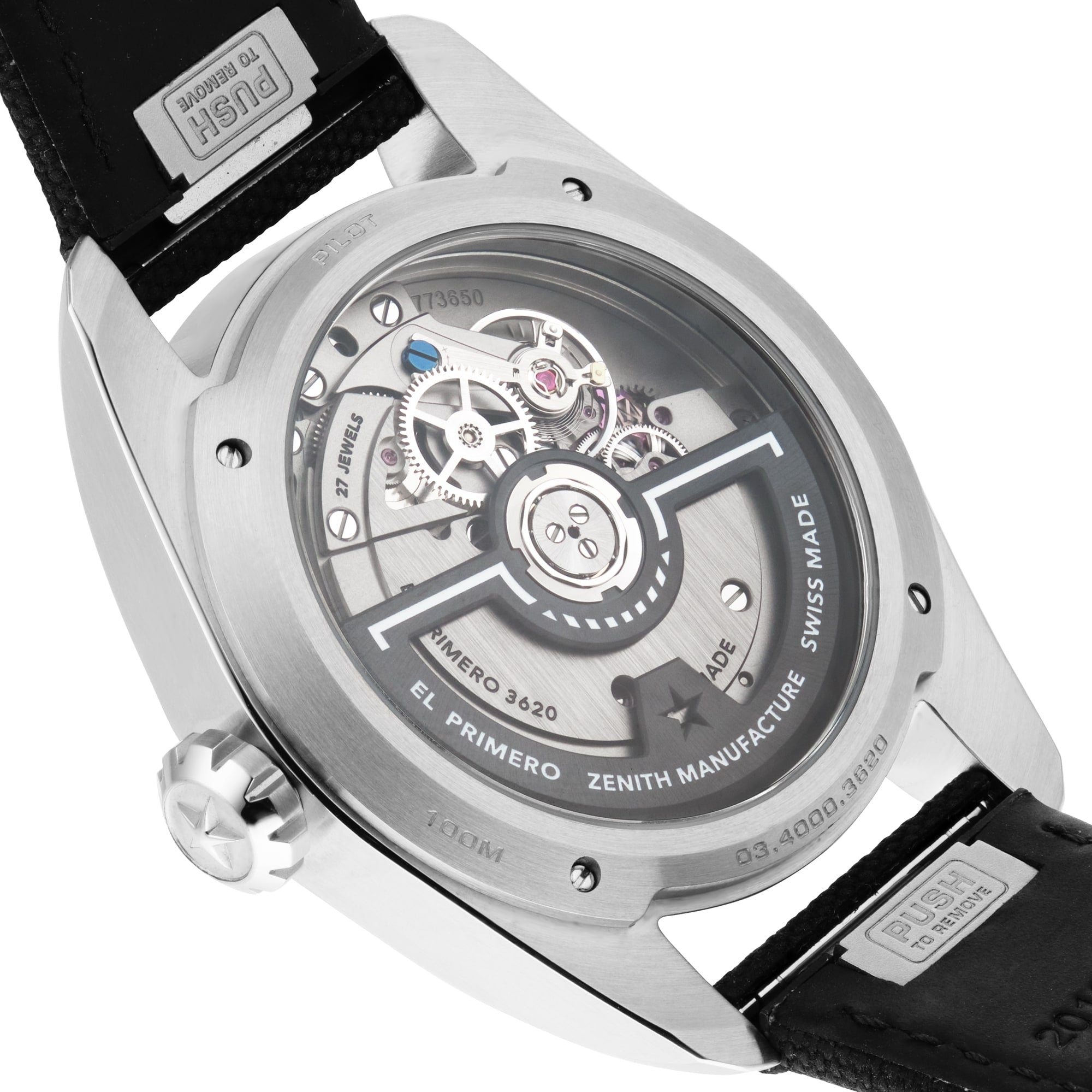 Close-up of the Zenith Pilot Automatic wristwatch’s back, revealing its mechanical movement through a transparent case back.