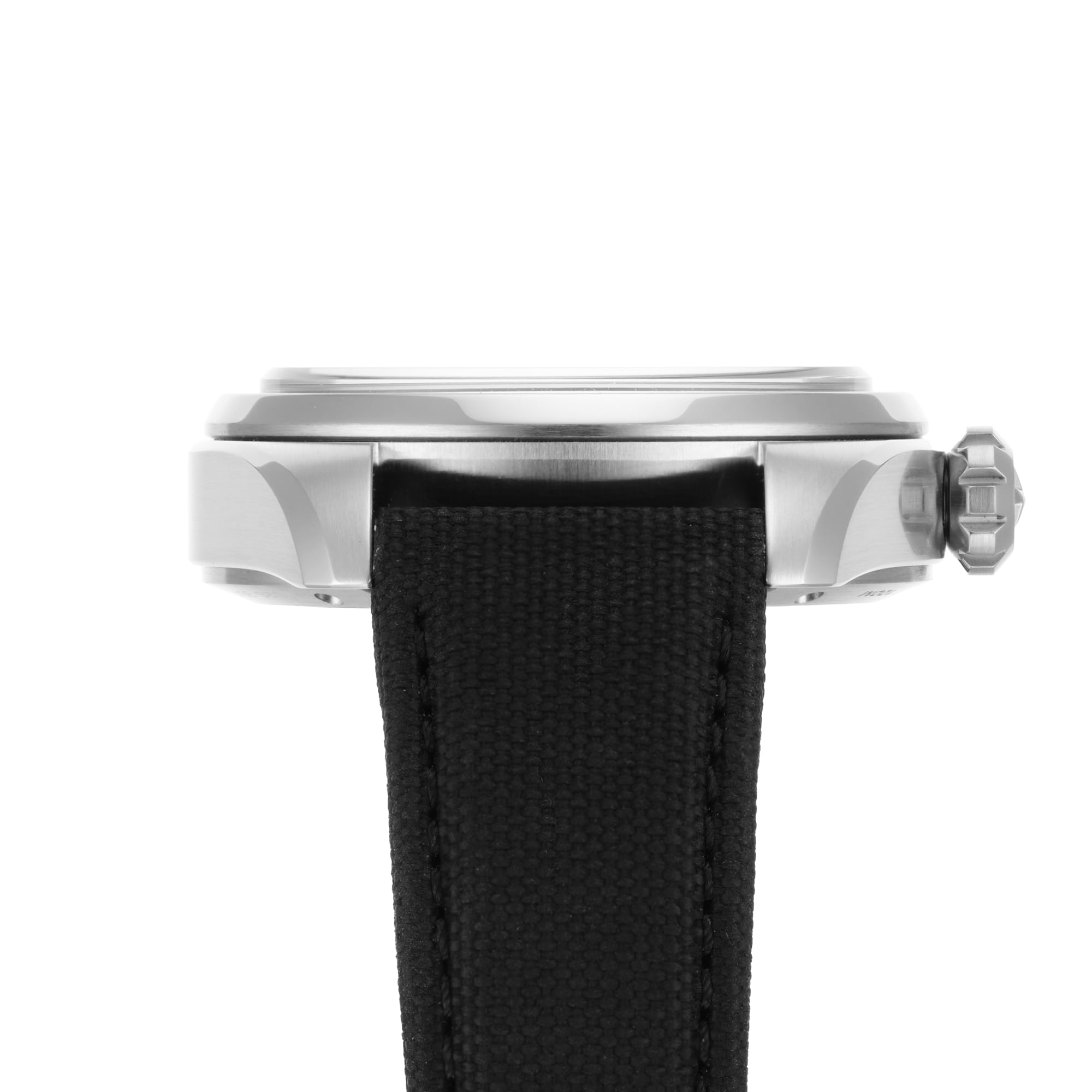 Side view of the Zenith Pilot Automatic wristwatch featuring a stainless steel case, visible crown, and a black textured strap; powered by the El Primero 3620 movement.