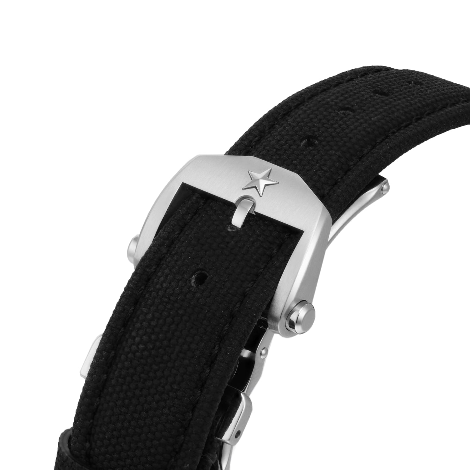 Close-up of a black fabric watch strap with a silver star-engraved buckle, designed for the Zenith Pilot Automatic and compatible with the El Primero 3620.