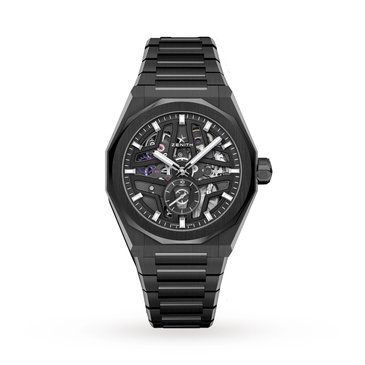 The Zenith Defy Skyline Skeleton wristwatch features a black skeleton dial with visible gears, silver hour markers, and a black metal bracelet, exuding urban sophistication—displayed against a plain white background.