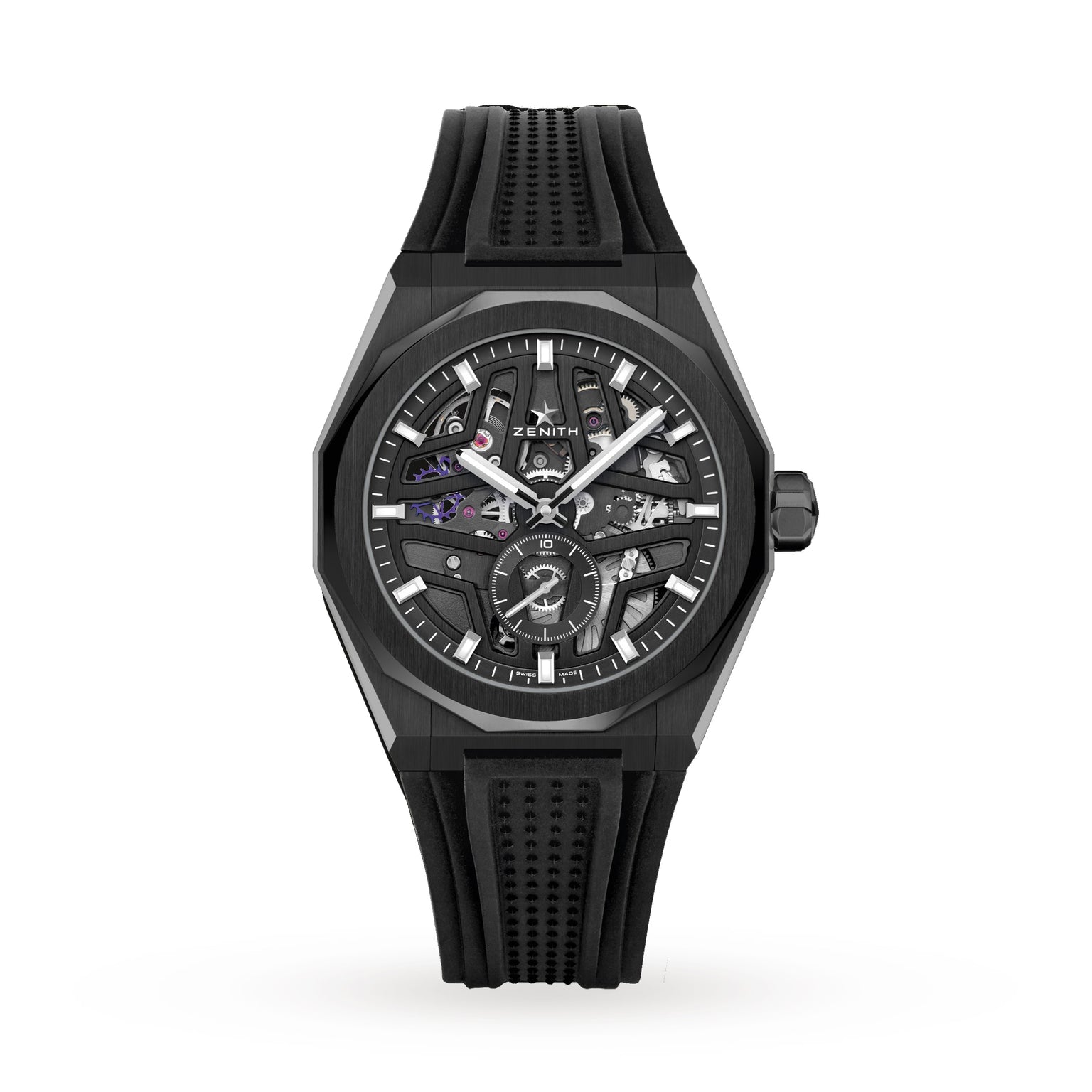 The Zenith Defy Skyline Skeleton is a black skeleton-dial wristwatch with a rubber strap, exposed gears, chronograph subdials, and a high-frequency automatic movement, photographed on a plain white background.