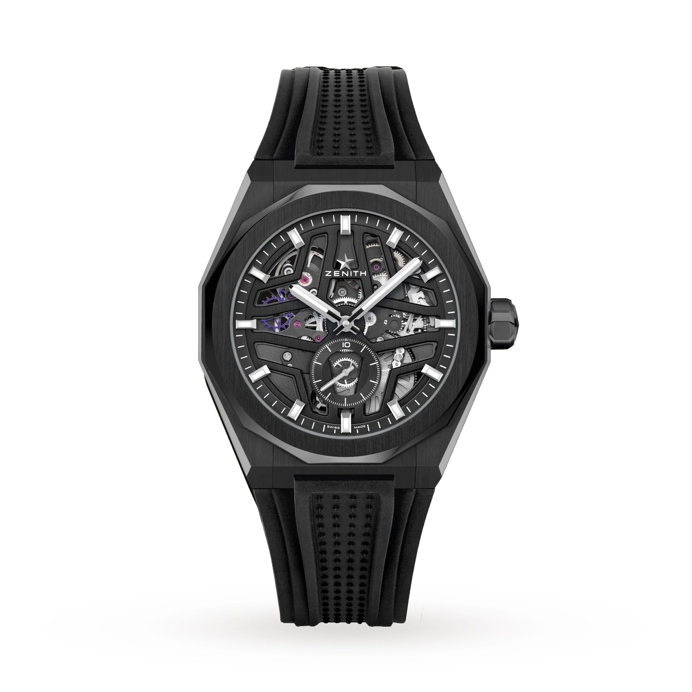 The Zenith Defy Skyline Skeleton is a black skeleton-dial wristwatch with a rubber strap, exposed gears, chronograph subdials, and a high-frequency automatic movement, photographed on a plain white background.