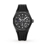 The Zenith Defy Skyline Skeleton is a black skeleton-dial wristwatch with a rubber strap, exposed gears, chronograph subdials, and a high-frequency automatic movement, photographed on a plain white background.