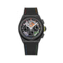 The Zenith Limited Edition Defy 21 Chroma II features a black chronograph dial, colorful accents, and a multicolored-stitched fabric strap, inspired by the original high-frequency chronograph design.