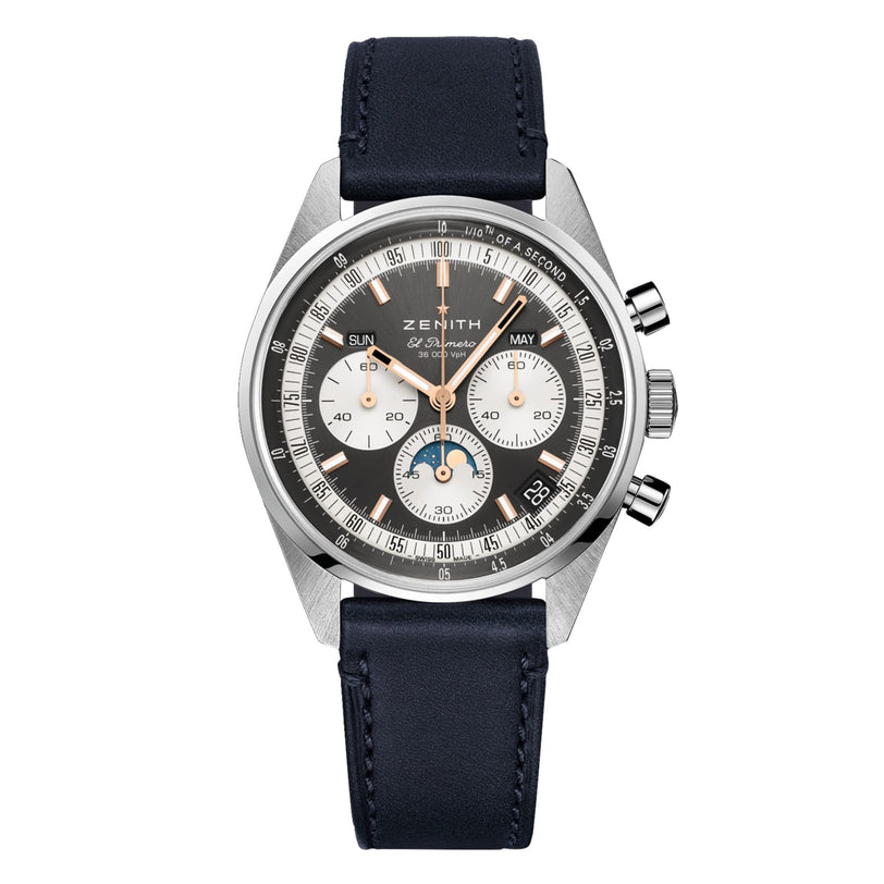 The Zenith Chronomaster Original is a stainless steel chronograph wristwatch featuring a black leather strap, black and white dial with three subdials, date display, El Primero 3610 movement, and two right-side pushers.