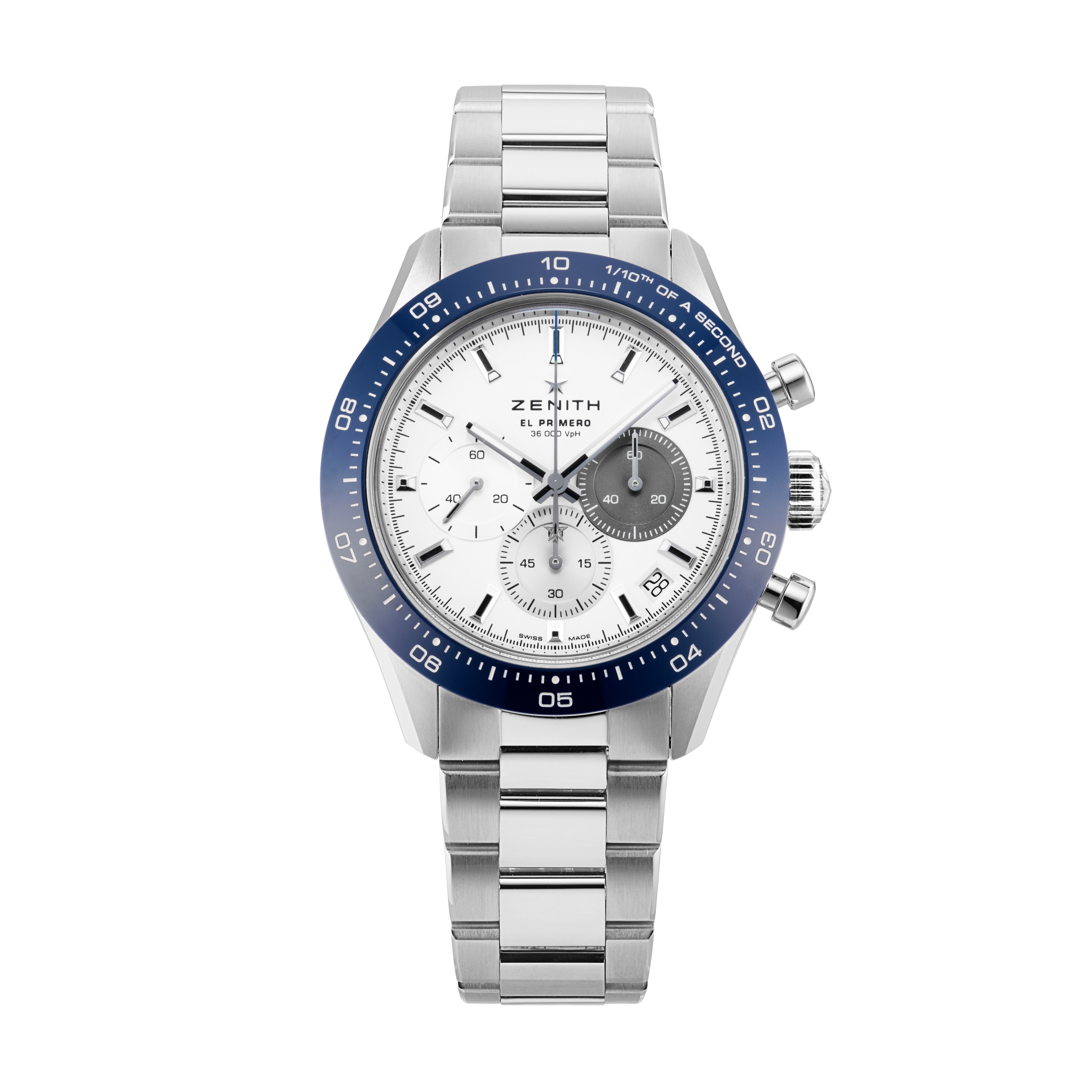 A stainless steel Zenith Chronomaster Sport Centenary Exclusive chronograph with a blue bezel, white dial, and silver bracelet displayed on a white background. Discover Zenith precision at Watches of Switzerland.