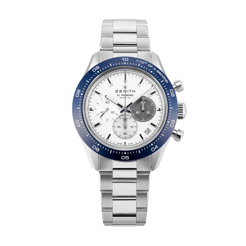 A stainless steel Zenith Chronomaster Sport Centenary Exclusive chronograph with a blue bezel, white dial, and silver bracelet displayed on a white background. Discover Zenith precision at Watches of Switzerland.