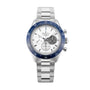 A stainless steel Zenith Chronomaster Sport Centenary Exclusive chronograph with a blue bezel, white dial, and silver bracelet displayed on a white background. Discover Zenith precision at Watches of Switzerland.