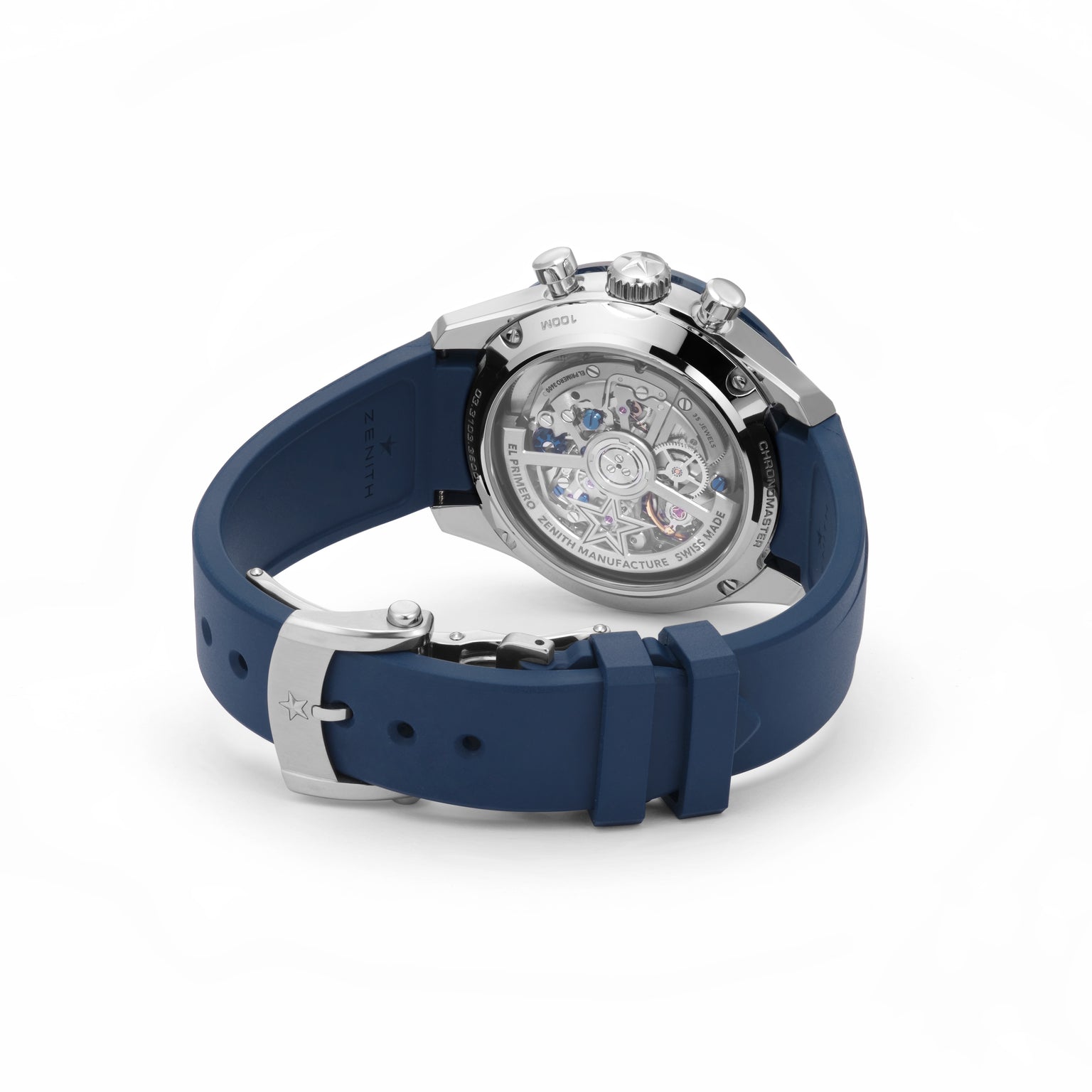 The Zenith Chronomaster Sport Centenary Exclusive, featuring a blue rubber strap and transparent case back that reveals its mechanical movement, is showcased on a white background—highlighting Zenith’s craftsmanship at Watches of Switzerland.