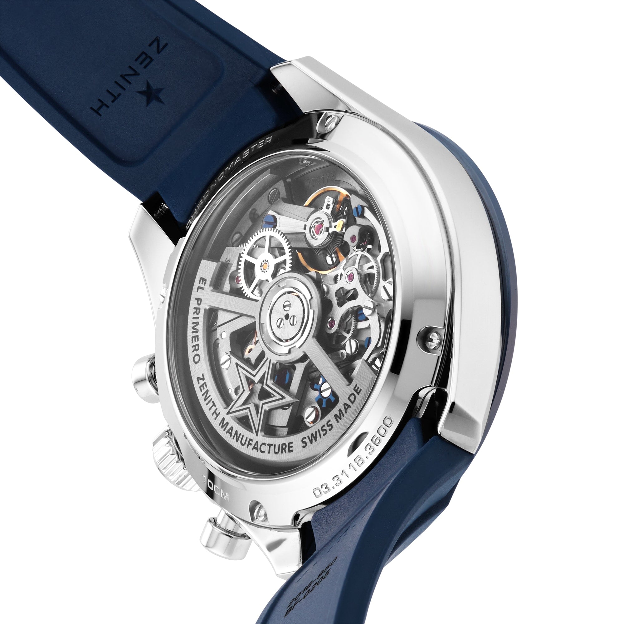 Close-up of the Zenith Chronomaster Sport Centenary Exclusives back, showing its mechanical movement through a transparent case and blue strap, available at Watches of Switzerland.