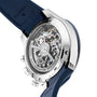 Close-up of the Zenith Chronomaster Sport Centenary Exclusives back, showing its mechanical movement through a transparent case and blue strap, available at Watches of Switzerland.