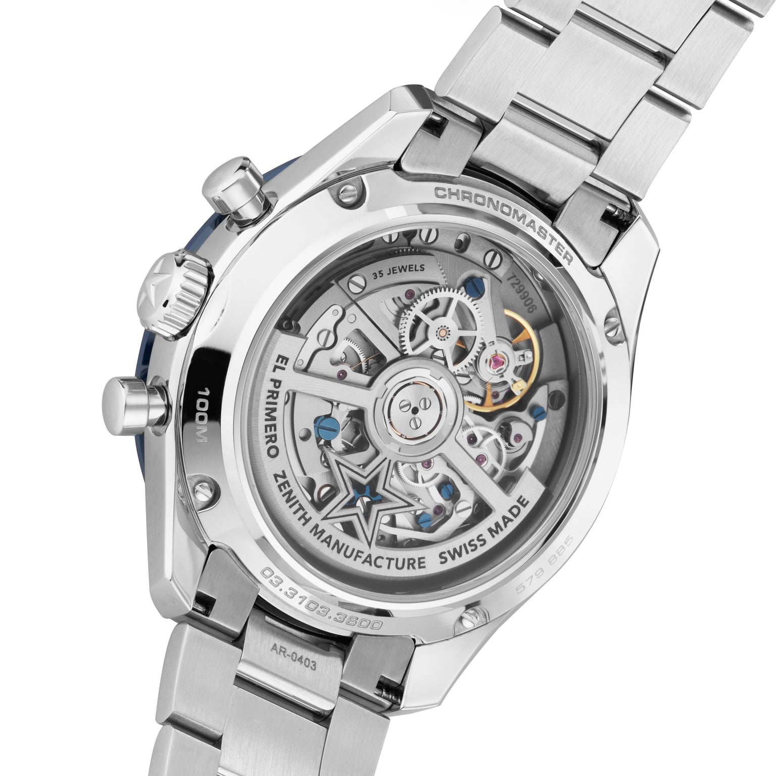 Close-up of the Zenith Chronomaster Sport Centenary Exclusives caseback, revealing its intricate exposed movement and engraved details—a distinguished Zenith chronograph found at Watches of Switzerland.