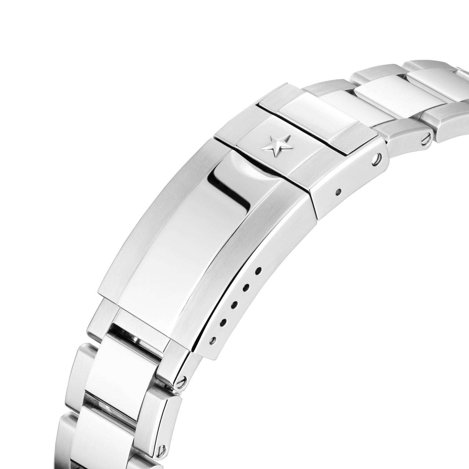 Close-up of the stainless steel bracelet and clasp with a star engraving—an elegant touch on the Zenith Chronomaster Sport Centenary Exclusive, available at Watches of Switzerland.