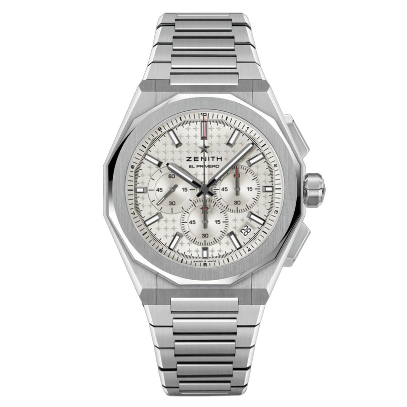 The Zenith Defy Skyline Chronograph features a stainless steel case, interchangeable steel bracelet, white hexagonal-patterned dial with baton markers, date display, three subdials, and the El Primero 3600 movement.