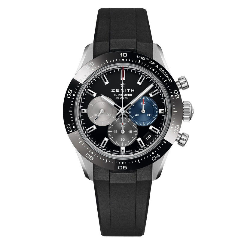 The Zenith Chronomaster Sport features an El Primero 3600 movement, black rubber strap, black ceramic bezel, and three subdials on a striking black-and-gray gradient dial.