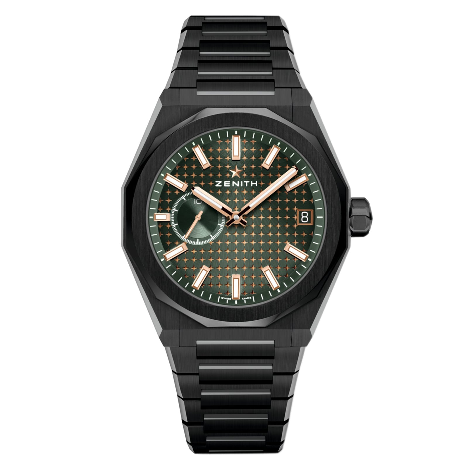 The Zenith Limited Edition Defy Skyline Americas Edition is a black metal wristwatch featuring a dark green patterned dial, gold hands and hour markers, date at 3 o’clock, subdial at 9 o’clock, and a high-frequency automatic movement.