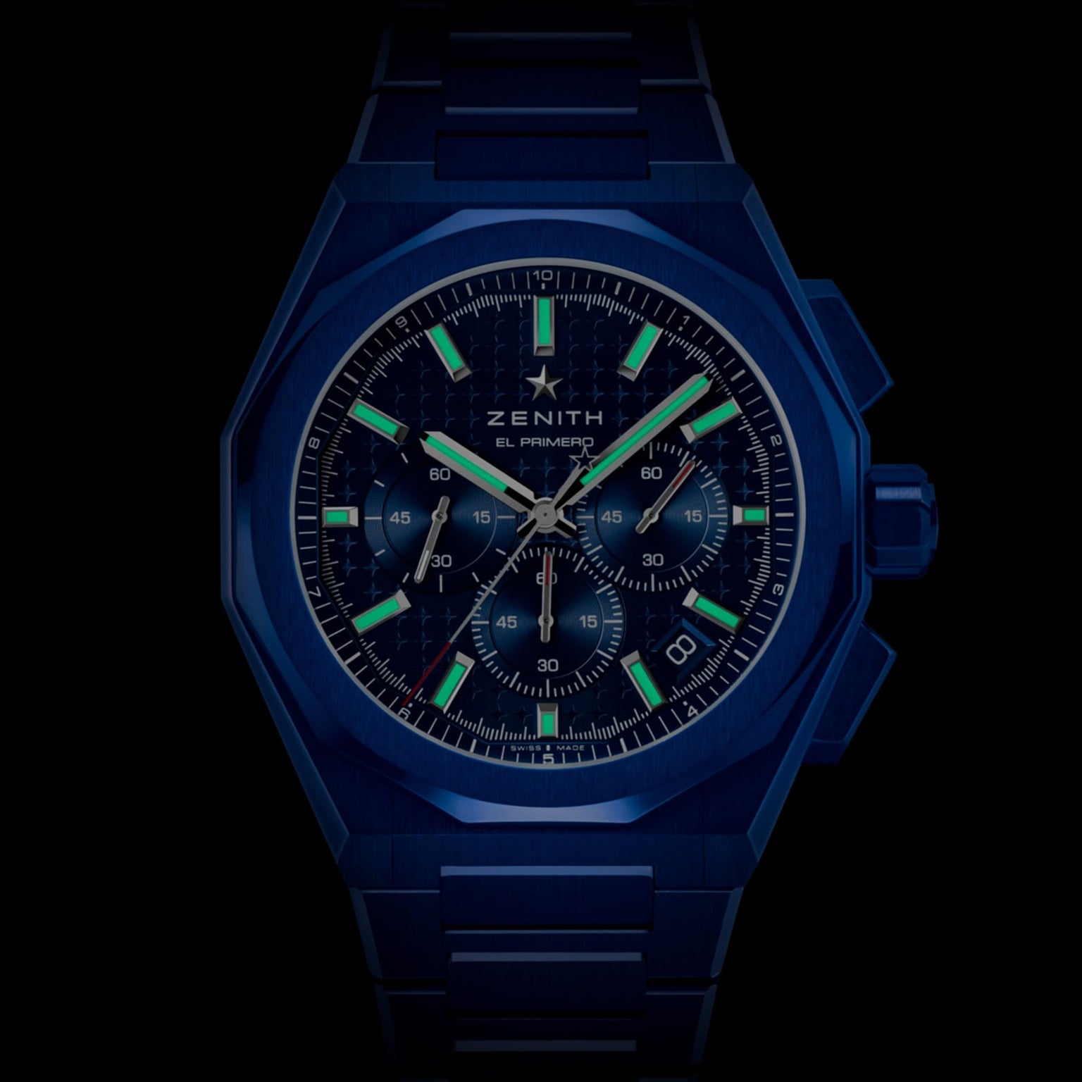 The Zenith Limited Edition Defy Skyline Chronograph 160th Anniversary Edition features a dark blue case, luminescent markers and hands, and a matching metal bracelet, all set against a striking black background.