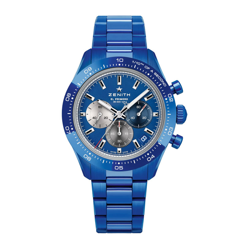 A blue Zenith Limited Edition Chronomaster Sport 160th Anniversary chronograph wristwatch with a blue metal strap, bezel, high-frequency movement, and three subdials on the matching blue dial.