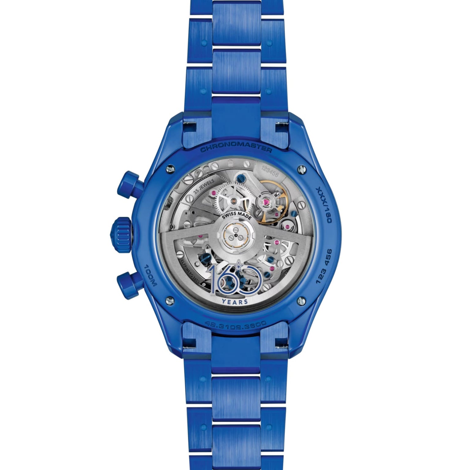 Zenith Limited Edition Chronomaster Sport 160th Anniversary features a blue metal wristwatch with a transparent back showcasing the El Primero 3600 movement and special engravings around the case.