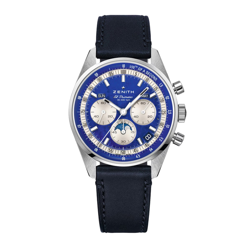 The Zenith Chronomaster Original Lapis Lazuli features a blue lapis lazuli dial, three subdials, and a black leather strap.