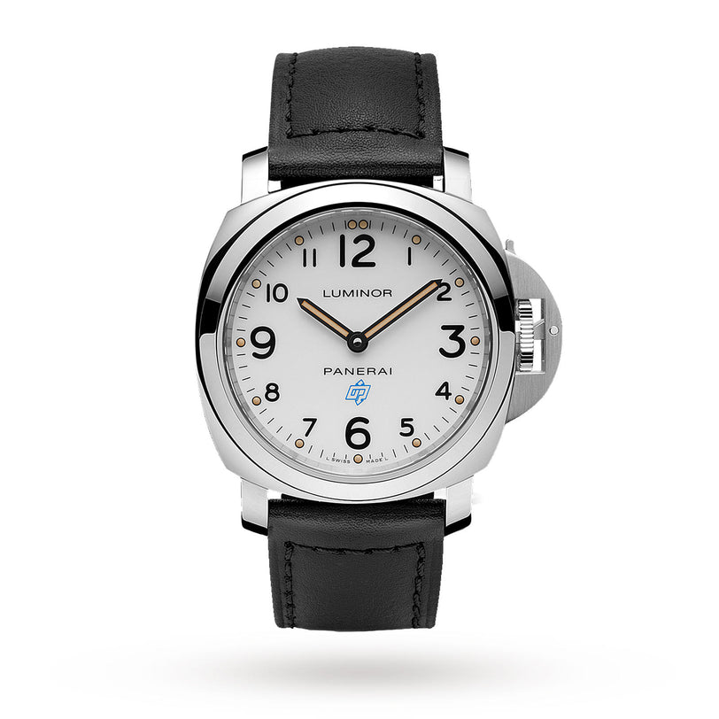 The Panerai Luminor Base es men's watch features a silver case, white dial with black Arabic numerals, black and gold hands, automatic movement, and a black leather strap, shown against a white background.