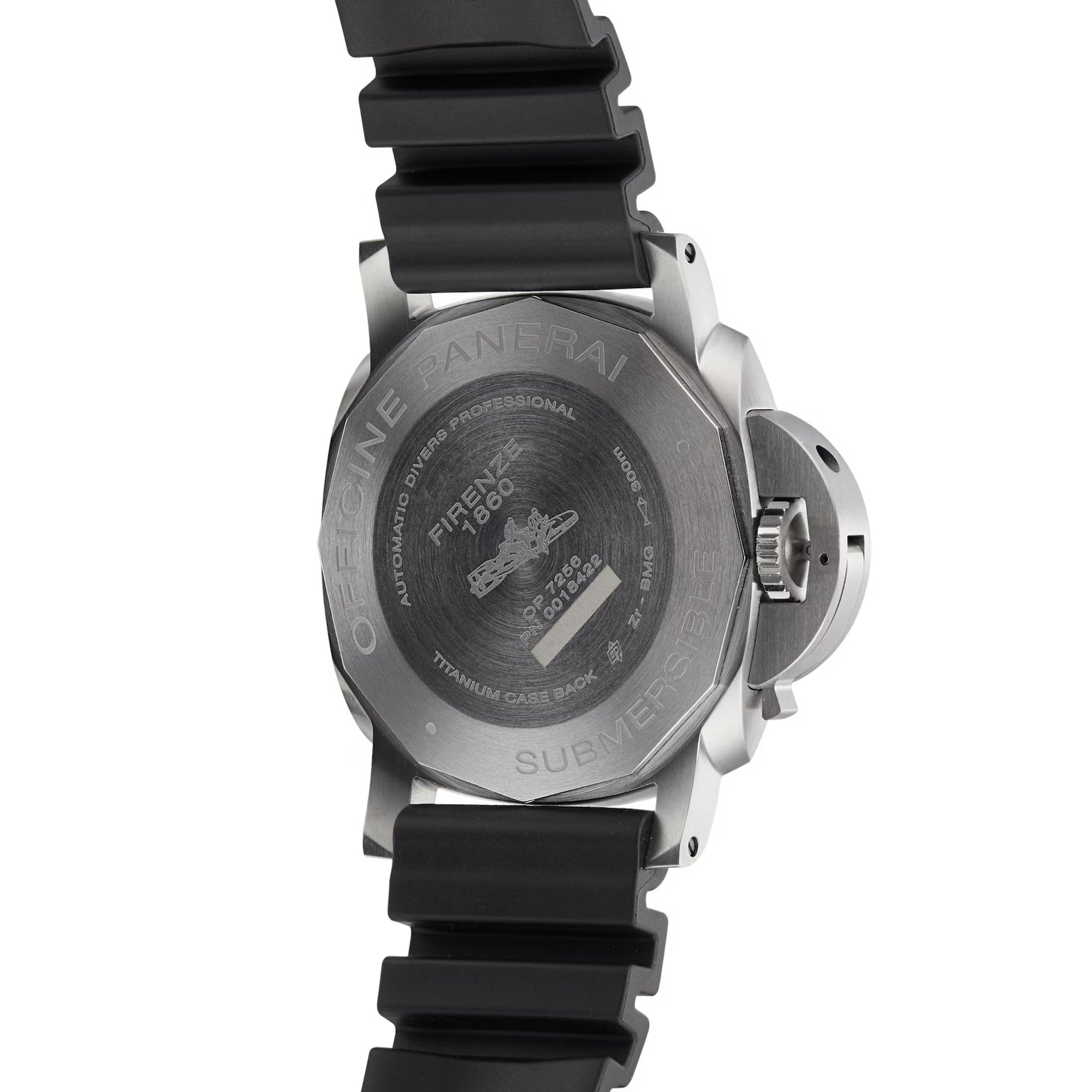 The Panerai Submersible es men’s dive watch features an engraved submarine motif and text on its titanium case back, paired with a black rubber strap.