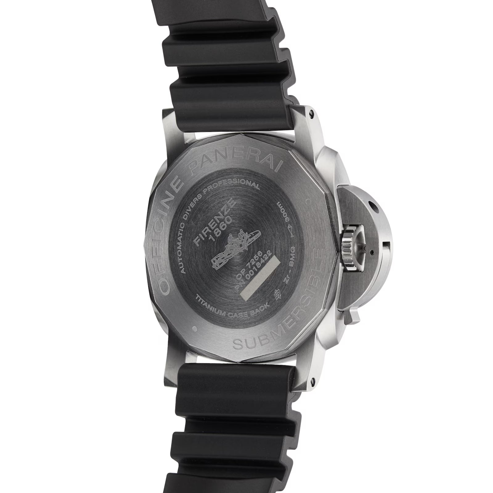 The Panerai Submersible es men’s dive watch features an engraved submarine motif and text on its titanium case back, paired with a black rubber strap.