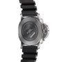 The Panerai Submersible es men’s dive watch features an engraved submarine motif and text on its titanium case back, paired with a black rubber strap.
