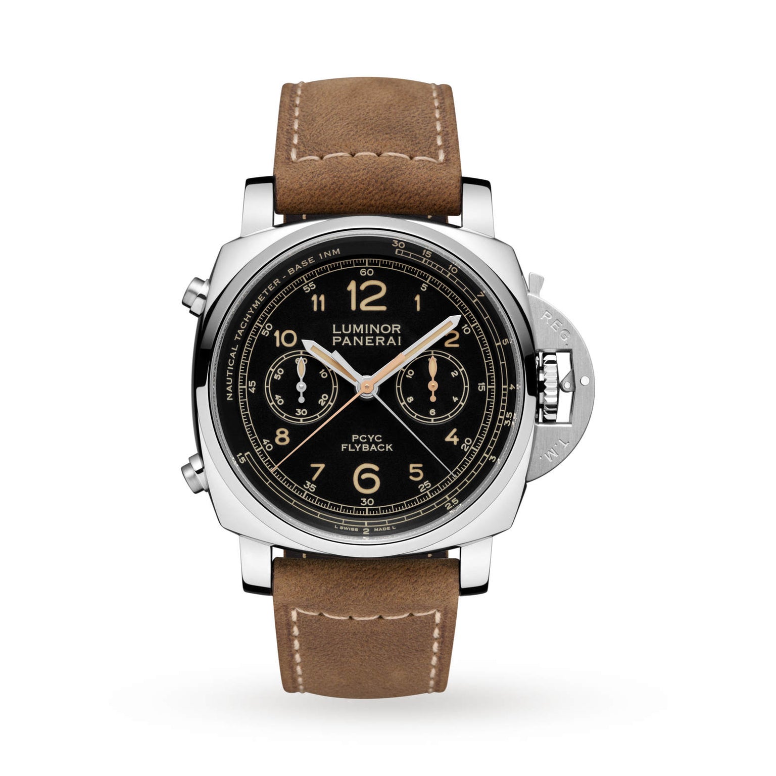 The Panerai Luminor Due PCYC 3 Days Chrono Flyback Automatic Acciaio es is a men’s dive watch featuring a black dial, chronograph subdials, gold-tone details, brown leather strap, and polished silver case with iconic crown guard.