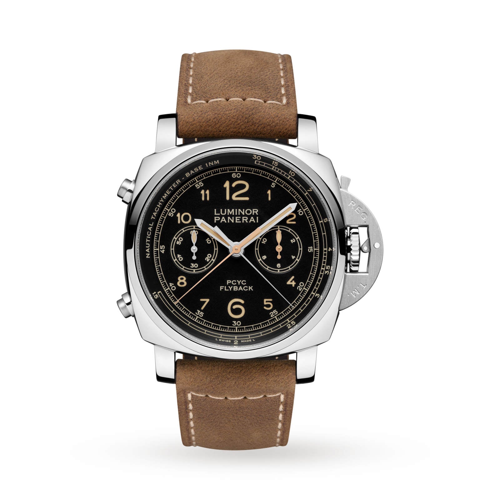 The Panerai Luminor Due PCYC 3 Days Chrono Flyback Automatic Acciaio es is a men’s dive watch featuring a black dial, chronograph subdials, gold-tone details, brown leather strap, and polished silver case with iconic crown guard.