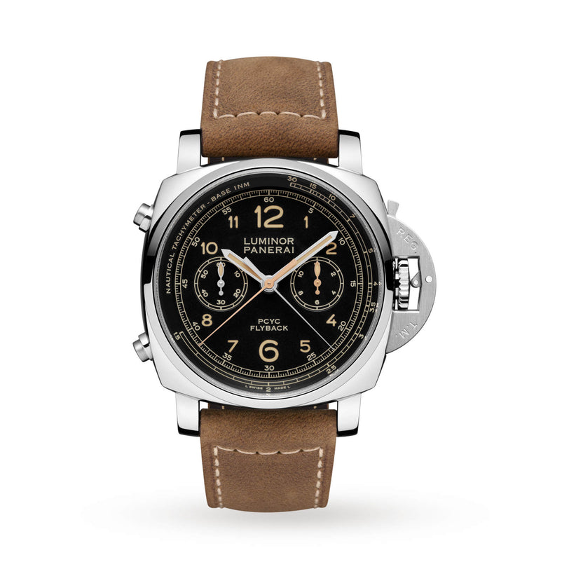 The Panerai Luminor Due PCYC 3 Days Chrono Flyback Automatic Acciaio es is a men’s dive watch featuring a black dial, chronograph subdials, gold-tone details, brown leather strap, and polished silver case with iconic crown guard.