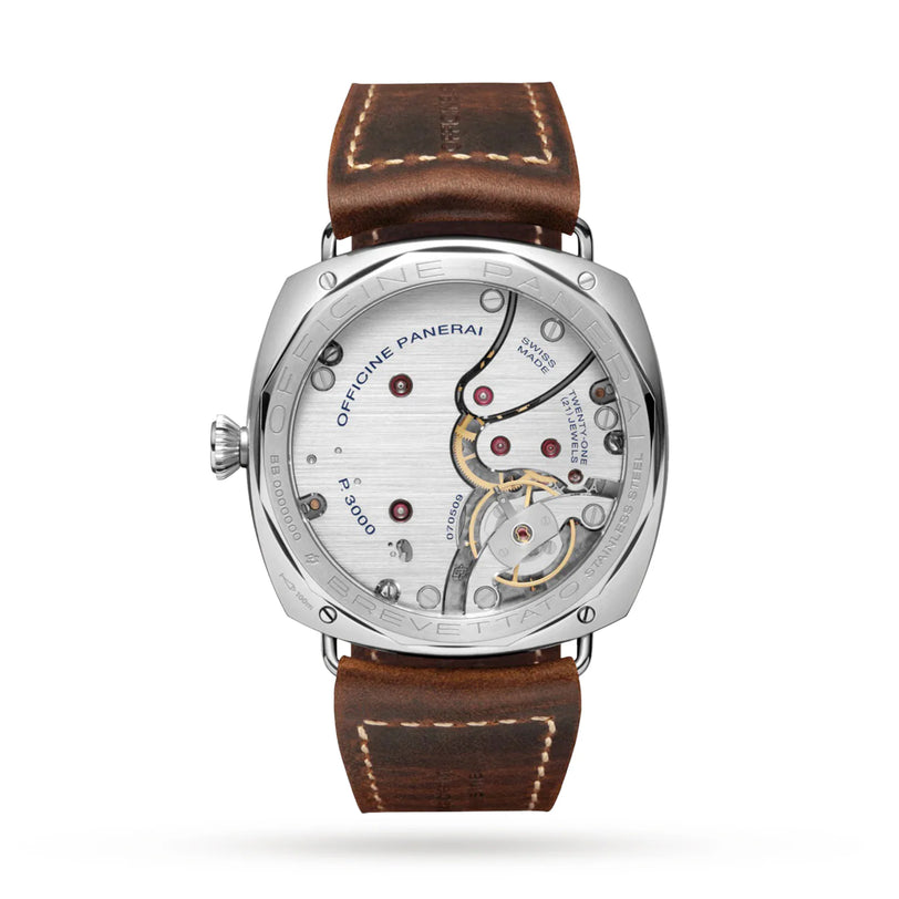 The Panerai Radiomir California wristwatch features a brown leather strap, California dial, and a transparent case back displaying its mechanical movement with visible gears, screws, and Officine Panerai engraving on the silver-toned back.